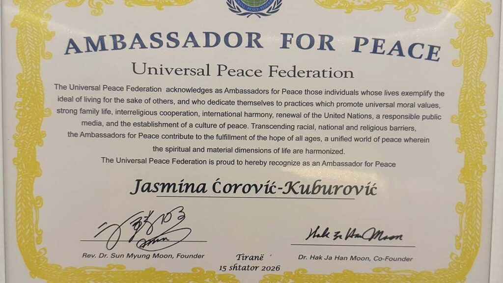 Doktorici Jasmini Ćorović-Kuburović u Tirani dodijeljena titula Ambasadora mira