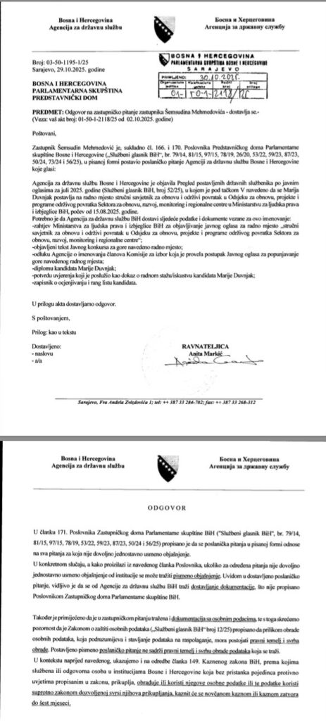 Odgovor ADSBiH na poslaničko pitanje Šemsudina Mehmedovića